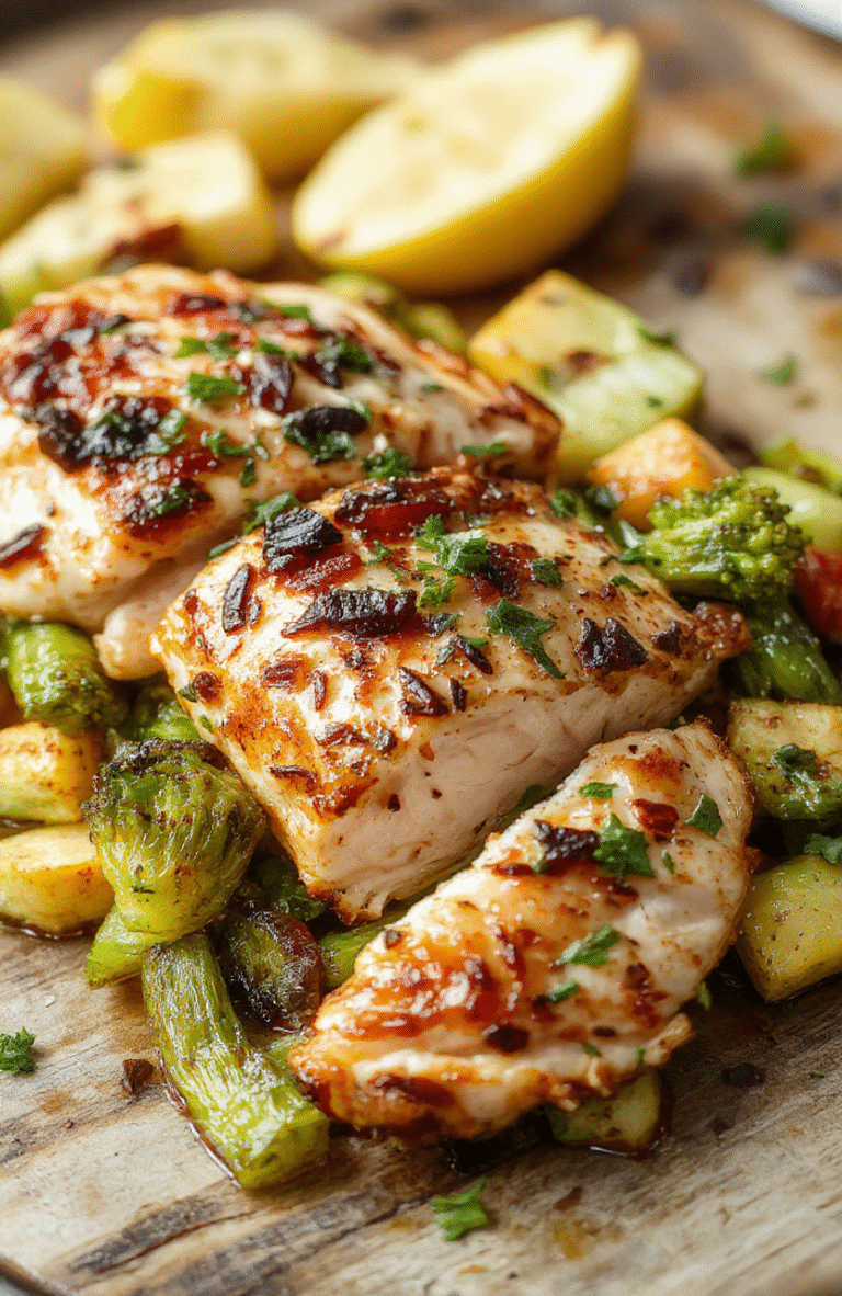 A colorful plate featuring perfectly cooked air fryer chicken breasts alongside vibrant roasted vegetables like bell peppers, zucchini, and cherry tomatoes, all arranged neatly on a rustic wooden surface, with a light drizzle of herbs for garnish, showcasing crispy textures and fresh ingredients.