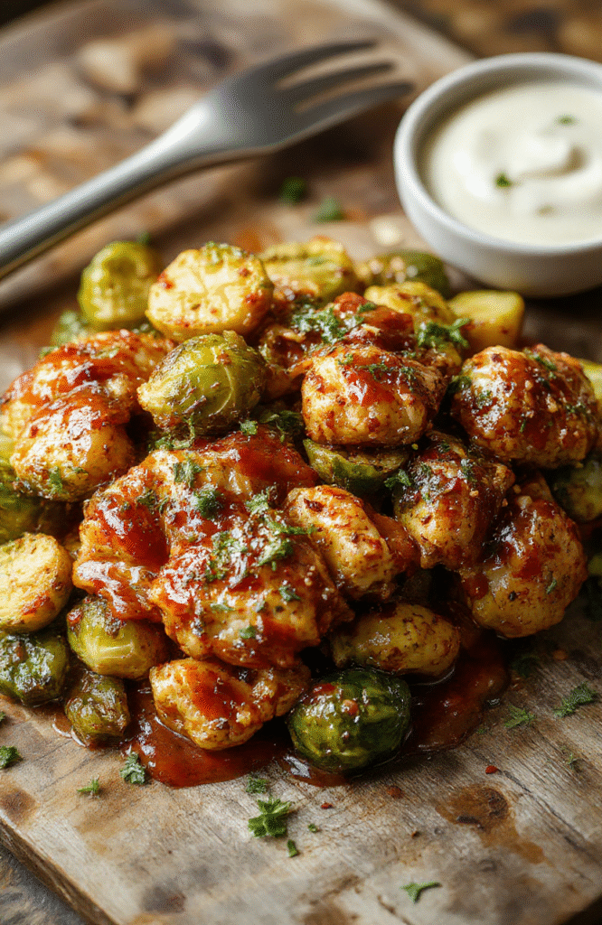 A colorful plate featuring crispy air fryer sweet chili chicken pieces alongside roasted Brussels sprouts, garnished with fresh herbs and drizzled with glossy chili sauce, styled simply on a rustic wooden table with vibrant natural lighting.