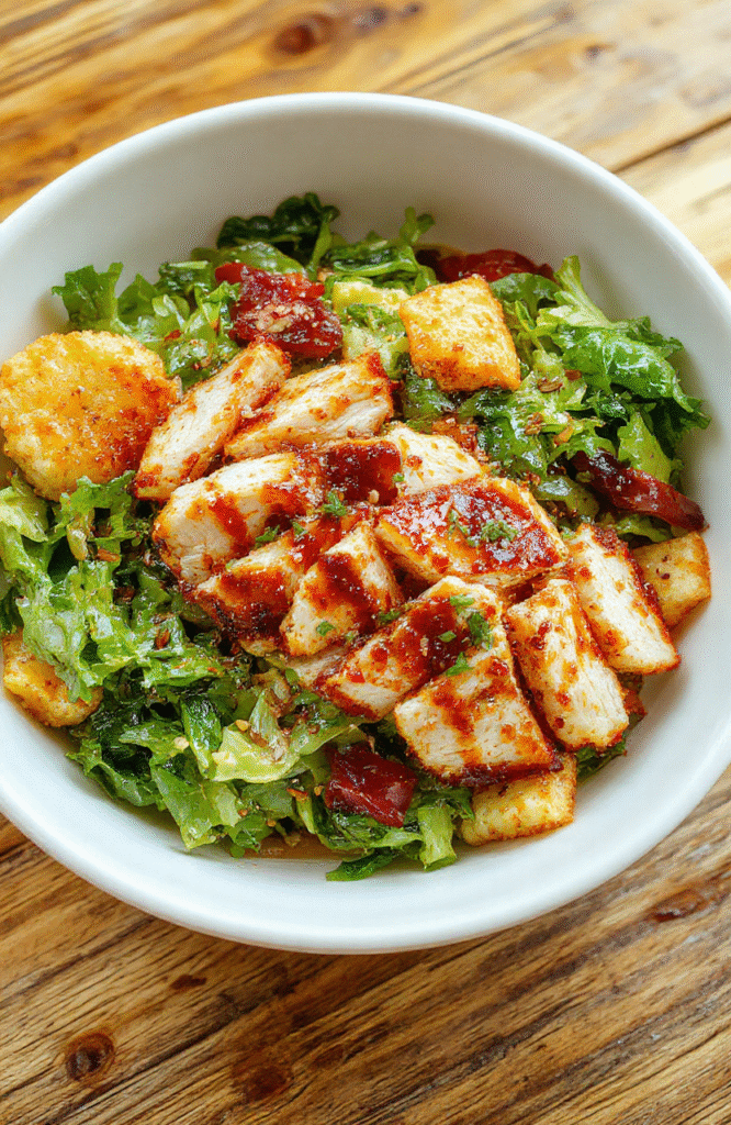 Vibrant Asian chicken crunch salad featuring colorful mixed greens, crispy wonton strips, sliced grilled chicken, and a tangy sesame dressing, presented in a stylish white bowl with fresh herbs garnish, textures of crisp vegetables contrasted with tender chicken and crunchy toppings, styled with a minimalistic background and natural lighting.