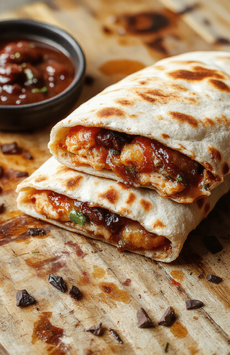 A golden-brown quesadilla filled with shredded BBQ chicken, melted cheese, and vibrant vegetables, sliced into wedges on a rustic wooden board, with a side of fresh salsa and lime wedges, styled casually with a softly blurred background.