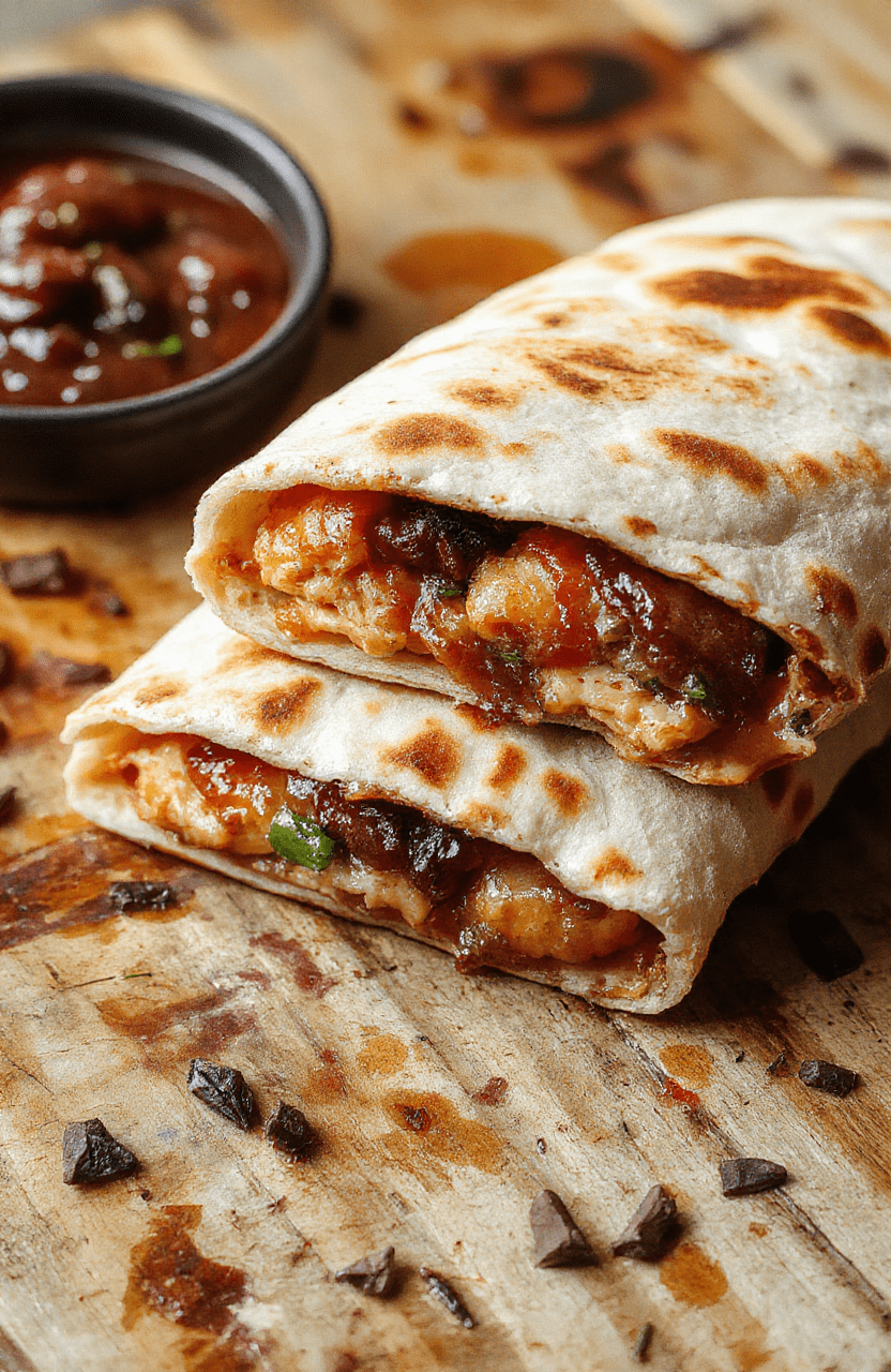 A golden-brown quesadilla filled with shredded BBQ chicken, melted cheese, and vibrant vegetables, sliced into wedges on a rustic wooden board, with a side of fresh salsa and lime wedges, styled casually with a softly blurred background.