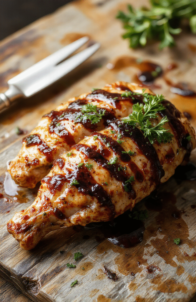 A plate of perfectly baked balsamic chicken breasts glazed with a shiny, rich balsamic reduction, garnished with fresh herbs, surrounding roasted vegetables on a rustic wooden table, vibrant colors, glossy textures, inviting and wholesome presentation.