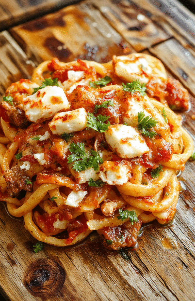 A vibrant plate of baked feta and veggie pasta featuring creamy feta cheese melted into al dente pasta, colorful cherry tomatoes, zucchini slices, and fresh herbs, all beautifully plated on a rustic wooden surface with a drizzle of olive oil and sprinkled herbs, styled in a casual, appetizing manner.
