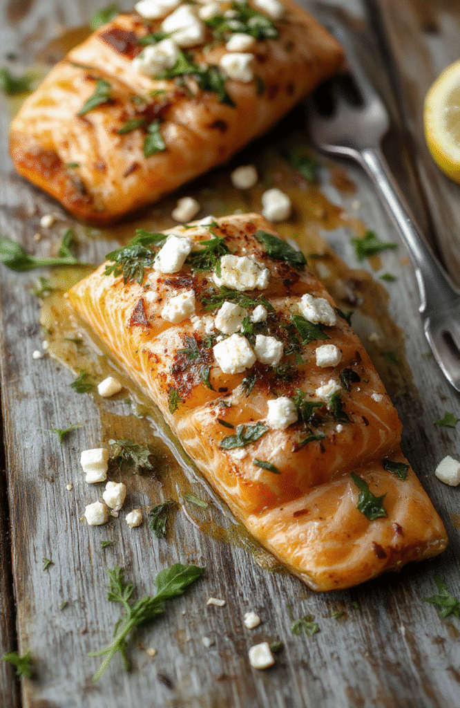 A plated baked salmon fillet topped with vibrant spinach and crumbled feta cheese, garnished with fresh herbs. The dish sits on a rustic wooden table, with a side of lemon wedges and roasted vegetables visible in the background. The colors are bright and appetizing, highlighting the flaky salmon and tangy feta, with a crisp, golden crust that looks perfectly cooked.