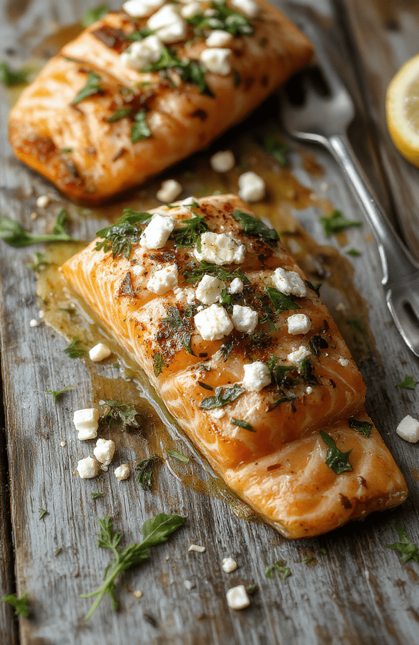 A plated baked salmon fillet topped with vibrant spinach and crumbled feta cheese, garnished with fresh herbs. The dish sits on a rustic wooden table, with a side of lemon wedges and roasted vegetables visible in the background. The colors are bright and appetizing, highlighting the flaky salmon and tangy feta, with a crisp, golden crust that looks perfectly cooked.