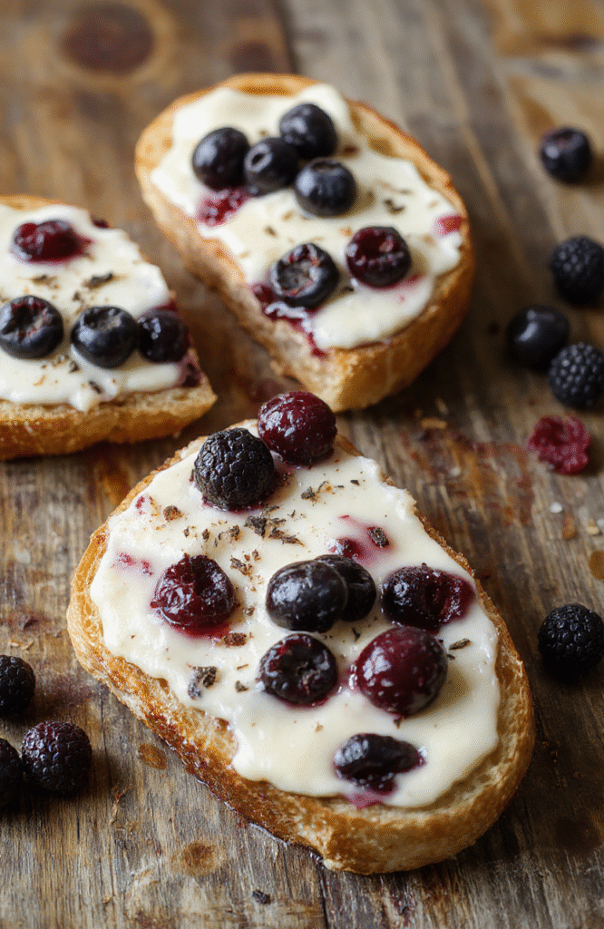 A slice of blueberry cream cheese bread on a rustic wooden plate, topped with fresh blueberries and a drizzle of glaze. The bread has a golden crust with a moist, fluffy interior speckled with blueberries and cream cheese swirls, styled casually with a few blueberries scattered around.