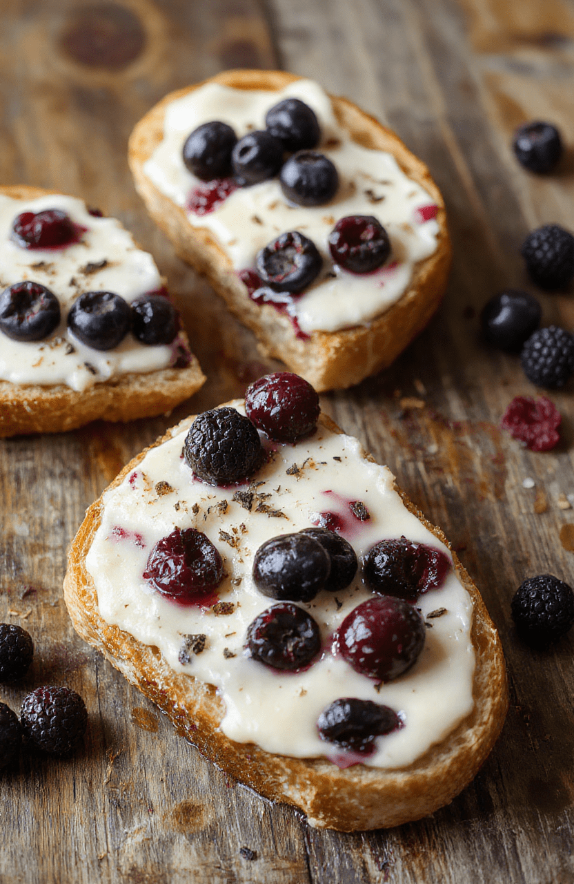 A slice of blueberry cream cheese bread on a rustic wooden plate, topped with fresh blueberries and a drizzle of glaze. The bread has a golden crust with a moist, fluffy interior speckled with blueberries and cream cheese swirls, styled casually with a few blueberries scattered around.