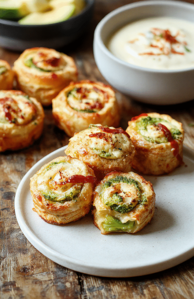 Colorful broccoli cheese pinwheels plated on a rustic wooden board, showcasing golden-brown flaky pastry filled with vibrant green broccoli and melted cheese, garnished with a sprinkle of herbs, textured surface with crispy edges, styled for a cozy and inviting presentation.
