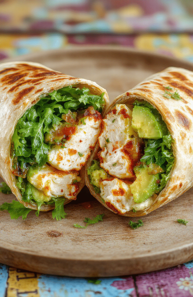 A vibrant chicken avocado wrap sliced open to reveal fresh greens, creamy avocado slices, and tender chicken, all wrapped in a toasted whole wheat tortilla. The wrap is garnished with a sprinkle of herbs and served on a rustic wooden plate with a colorful background, textures of the ingredients are clearly visible, emphasizing freshness and wholesomeness.