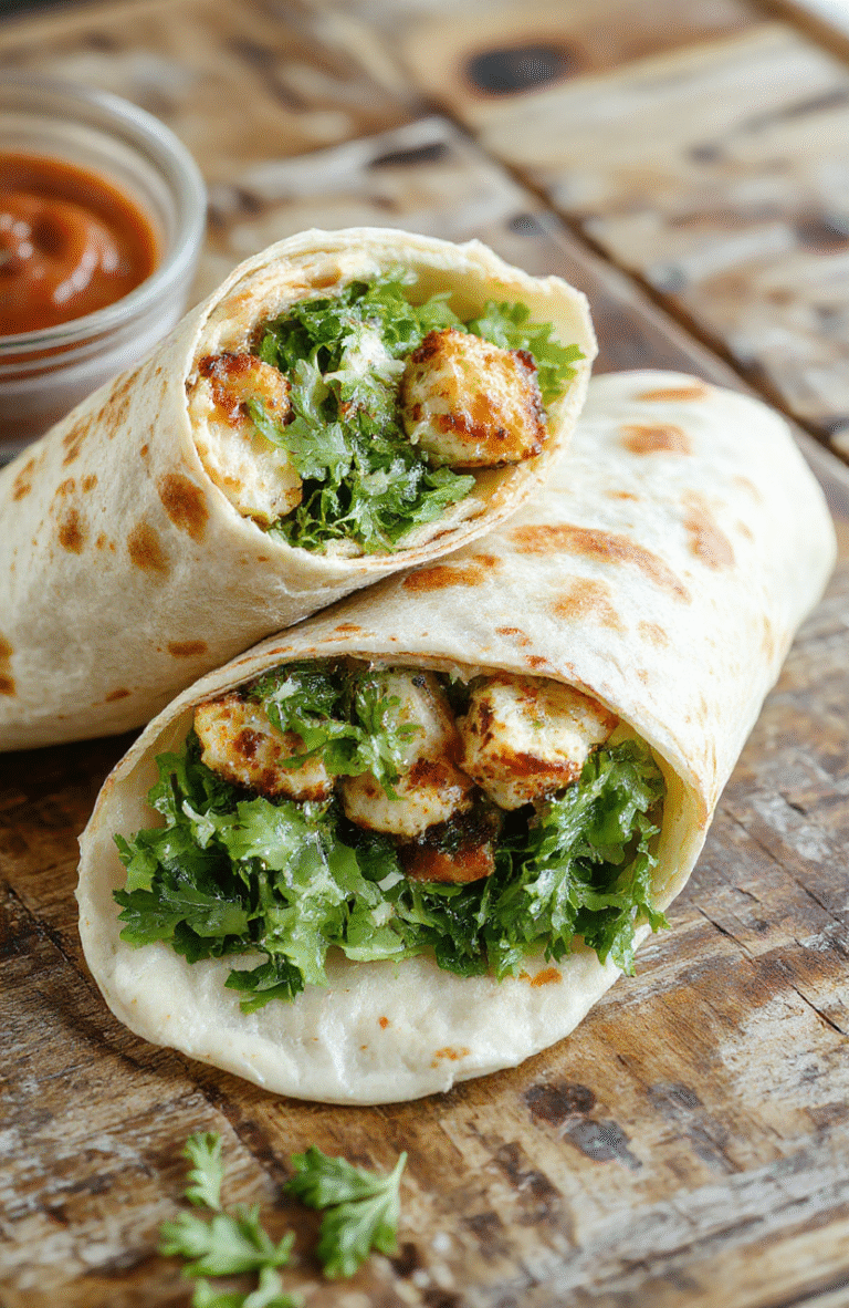 A vibrant plate featuring a chicken Caesar wrap sliced in half, revealing crunchy romaine lettuce, grilled chicken strips, creamy Caesar dressing, and grated Parmesan cheese all wrapped in a golden toasted tortilla, garnished with a sprig of parsley on a rustic wooden table.
