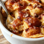 A warm, golden-brown bread pudding served in a rustic ceramic dish, topped with a dusting of powdered sugar and fresh berries. The creamy custard texture is visible beneath the crispy top, with caramelized edges. The dish is styled casually on a wooden table with a soft sunlight glow highlighting its inviting appearance.