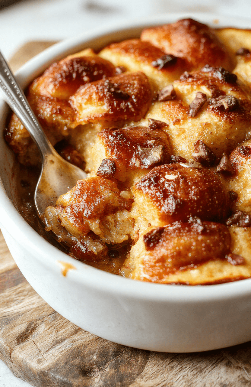 A warm, golden-brown bread pudding served in a rustic ceramic dish, topped with a dusting of powdered sugar and fresh berries. The creamy custard texture is visible beneath the crispy top, with caramelized edges. The dish is styled casually on a wooden table with a soft sunlight glow highlighting its inviting appearance.