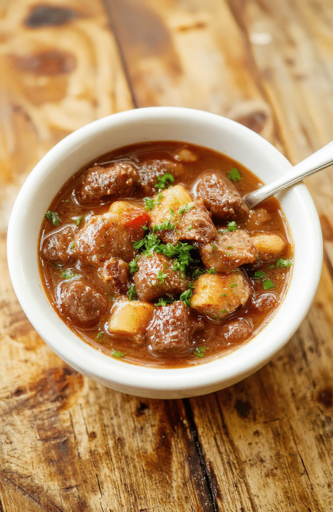 A rustic bowl of beef stew featuring tender chunks of beef, carrots, potatoes, and celery in a thick, savory gravy, served atop a wooden dinner plate, garnished with fresh herbs, with steam gently rising, styled with a cozy cloth napkin nearby, warm lighting enhances the rich, inviting colors of the dish.