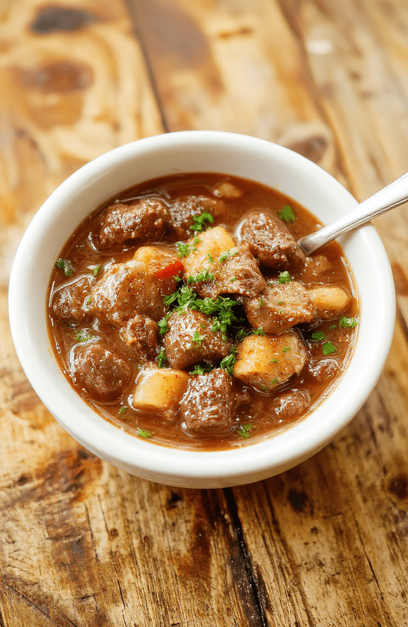 A rustic bowl of beef stew featuring tender chunks of beef, carrots, potatoes, and celery in a thick, savory gravy, served atop a wooden dinner plate, garnished with fresh herbs, with steam gently rising, styled with a cozy cloth napkin nearby, warm lighting enhances the rich, inviting colors of the dish.