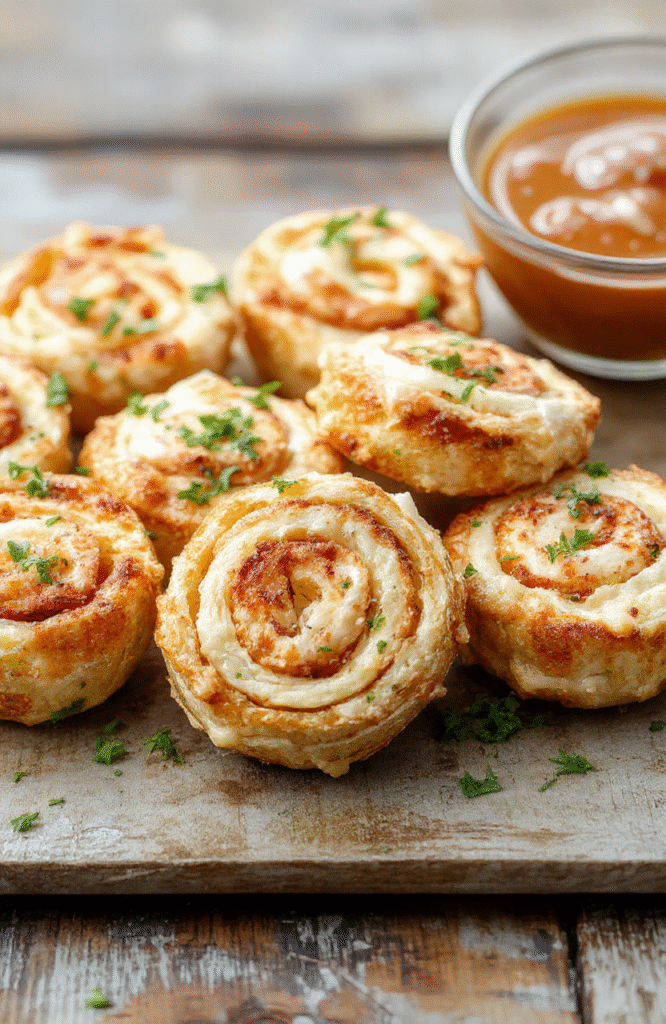 Colorful platter of chicken crack pinwheels arranged on a rustic wooden board, showcasing golden crispy edges and creamy filling with hints of green herbs, styled with fresh herbs and a rustic cloth for a casual appetizer presentation.