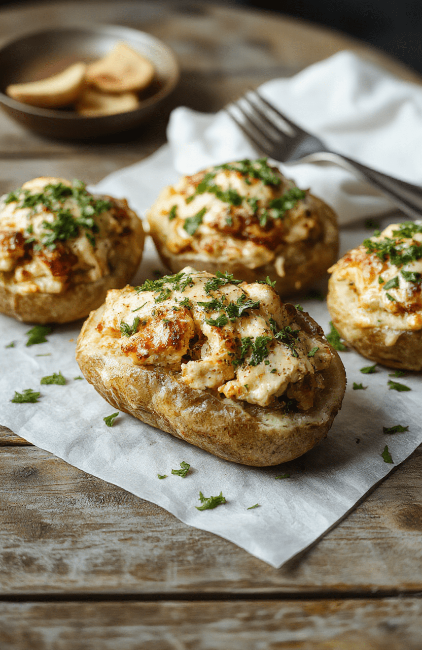 A close-up of a baked potato cut open, stuffed with creamy crack chicken topped with melted cheese, scallions, and crispy bacon on a rustic wooden surface, with a creamy sauce drizzling over the filling and a sprinkle of herbs for garnish.