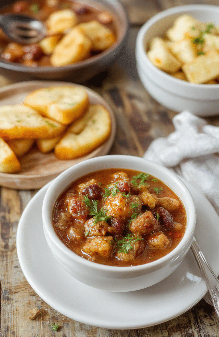 A hearty bowl of crock pot poor man's stew featuring tender beef chunks, potatoes, carrots, and peas. The stew is served in a rustic ceramic bowl with steam rising, surrounded by fresh vegetables on a wooden table. The vibrant orange carrots and green peas contrast with the rich brown beef and creamy broth, styled simply for a cozy, inviting look.