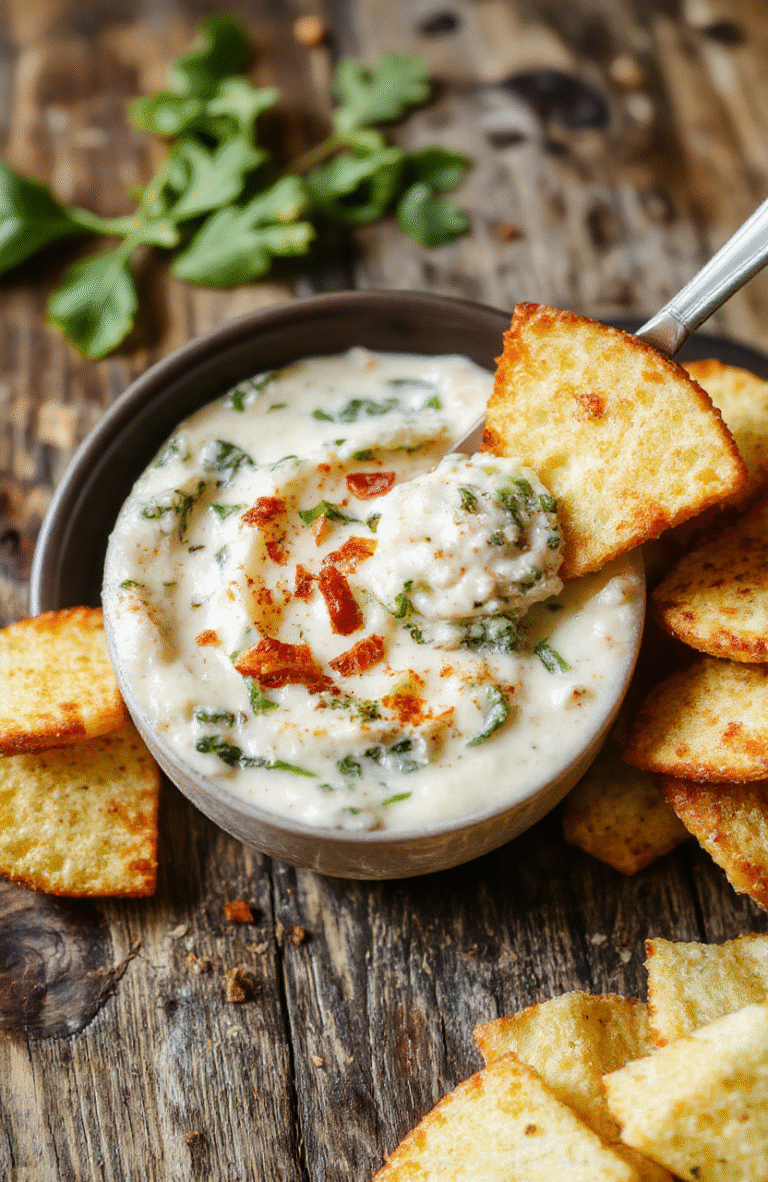 A creamy spinach and artichoke dip served in a white ceramic bowl, topped with melted cheese and fresh herbs, surrounded by crunchy bread slices on a rustic wooden table, with a soft-focus background emphasizing warm, inviting tones.