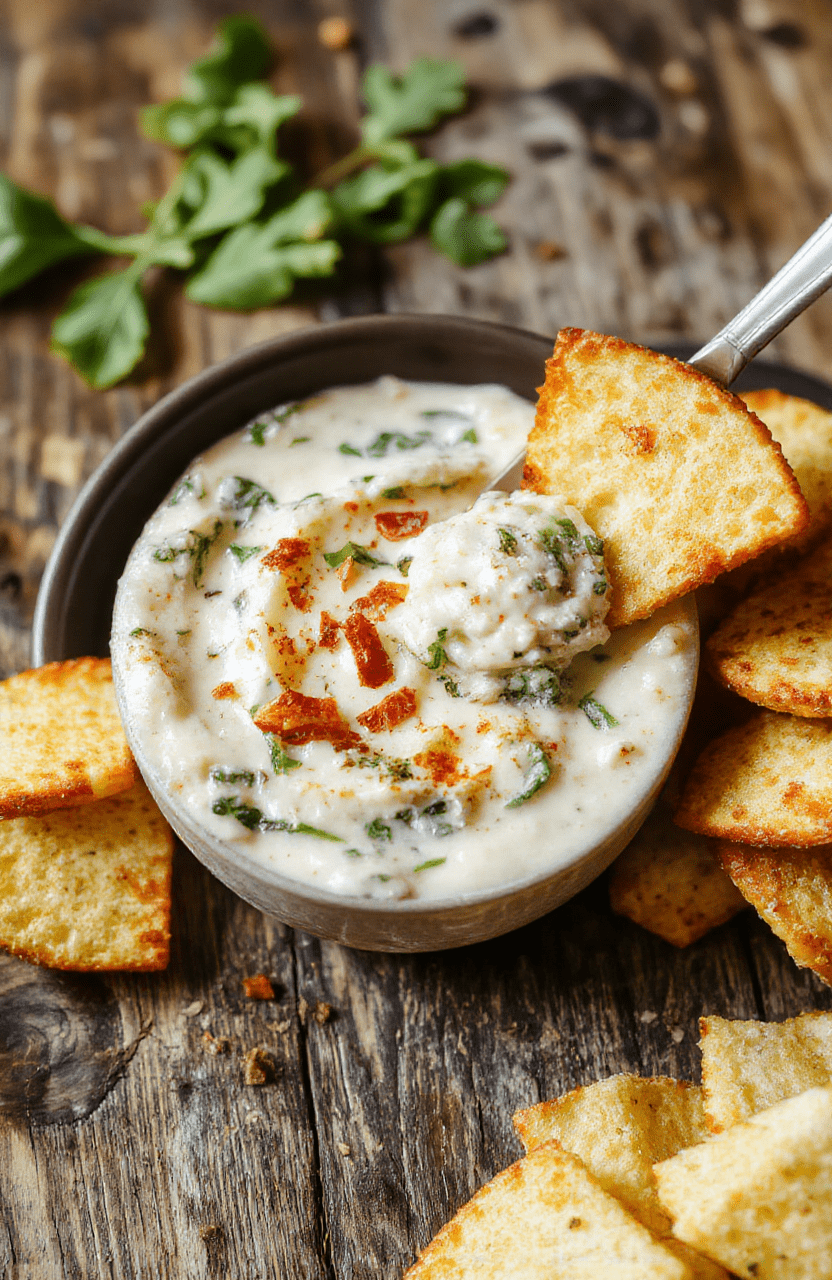 A creamy spinach and artichoke dip served in a white ceramic bowl, topped with melted cheese and fresh herbs, surrounded by crunchy bread slices on a rustic wooden table, with a soft-focus background emphasizing warm, inviting tones.