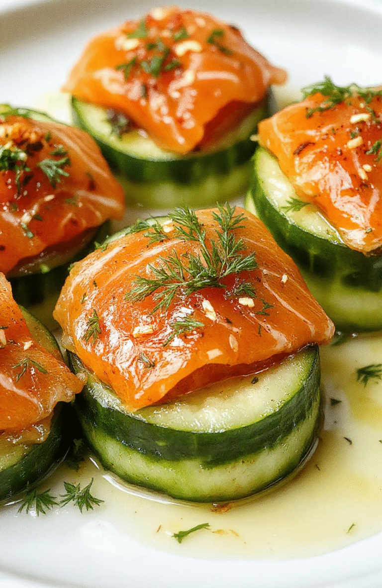 Colorful cucumber slices topped with delicate smoked salmon, garnished with fresh dill and lemon zest, arranged neatly on a white plate with a subtle green background. The textures of crisp cucumber, silky salmon, and fresh herbs create an inviting and elegant presentation perfect for a party.