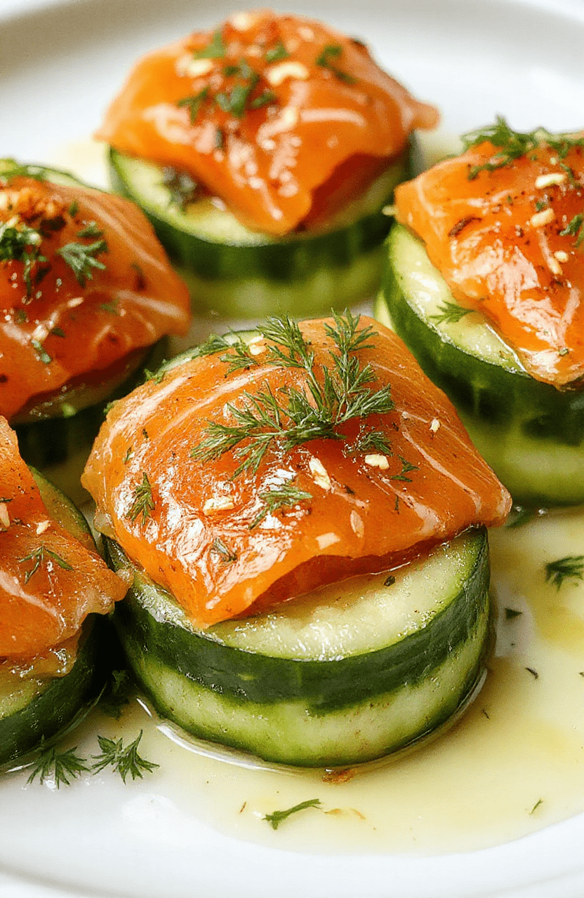 Colorful cucumber slices topped with delicate smoked salmon, garnished with fresh dill and lemon zest, arranged neatly on a white plate with a subtle green background. The textures of crisp cucumber, silky salmon, and fresh herbs create an inviting and elegant presentation perfect for a party.