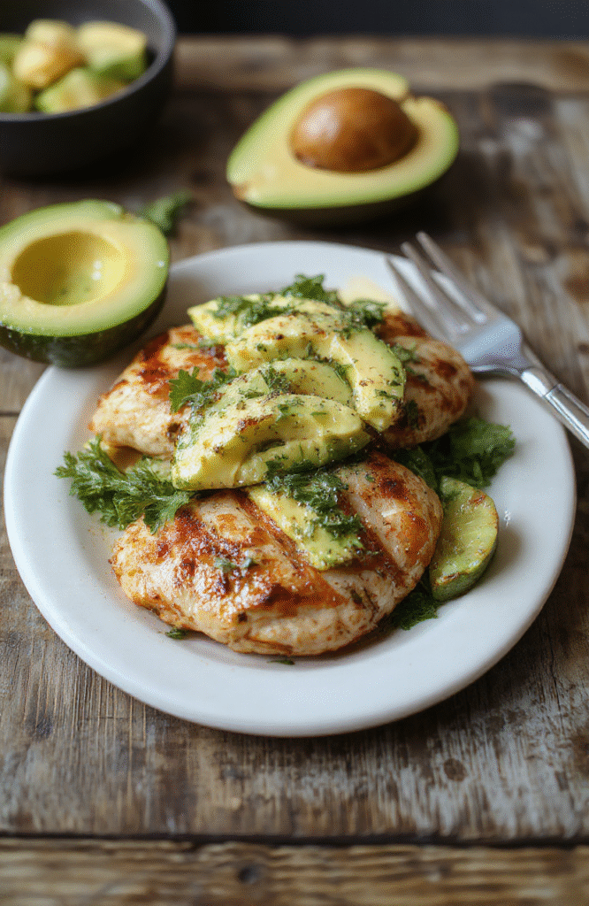 A vibrant plate featuring perfectly grilled chicken breasts topped with sliced ripe avocados, garnished with fresh herbs, and served with colorful vegetables on a rustic wooden table.