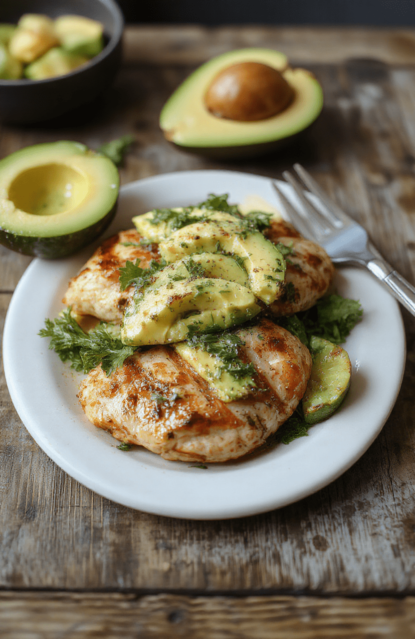 A vibrant plate featuring perfectly grilled chicken breasts topped with sliced ripe avocados, garnished with fresh herbs, and served with colorful vegetables on a rustic wooden table.