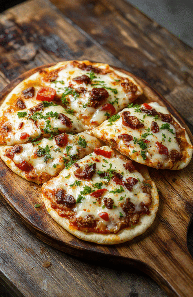 A colorful assortment of pita pizzas on a rustic wooden platter, topped with vibrant vegetables, melted cheese, and herbs, showcasing crispy edges and fresh ingredients, styled casually with a neutral background.