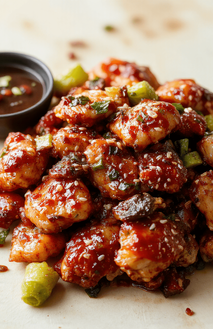A colorful plate of sesame chicken featuring golden-brown chicken pieces coated in glossy sesame sauce, garnished with toasted sesame seeds and sliced green onions, arranged on a clean white plate with a background of fresh vegetables and rice, styled simply with vibrant colors and appetizing textures.