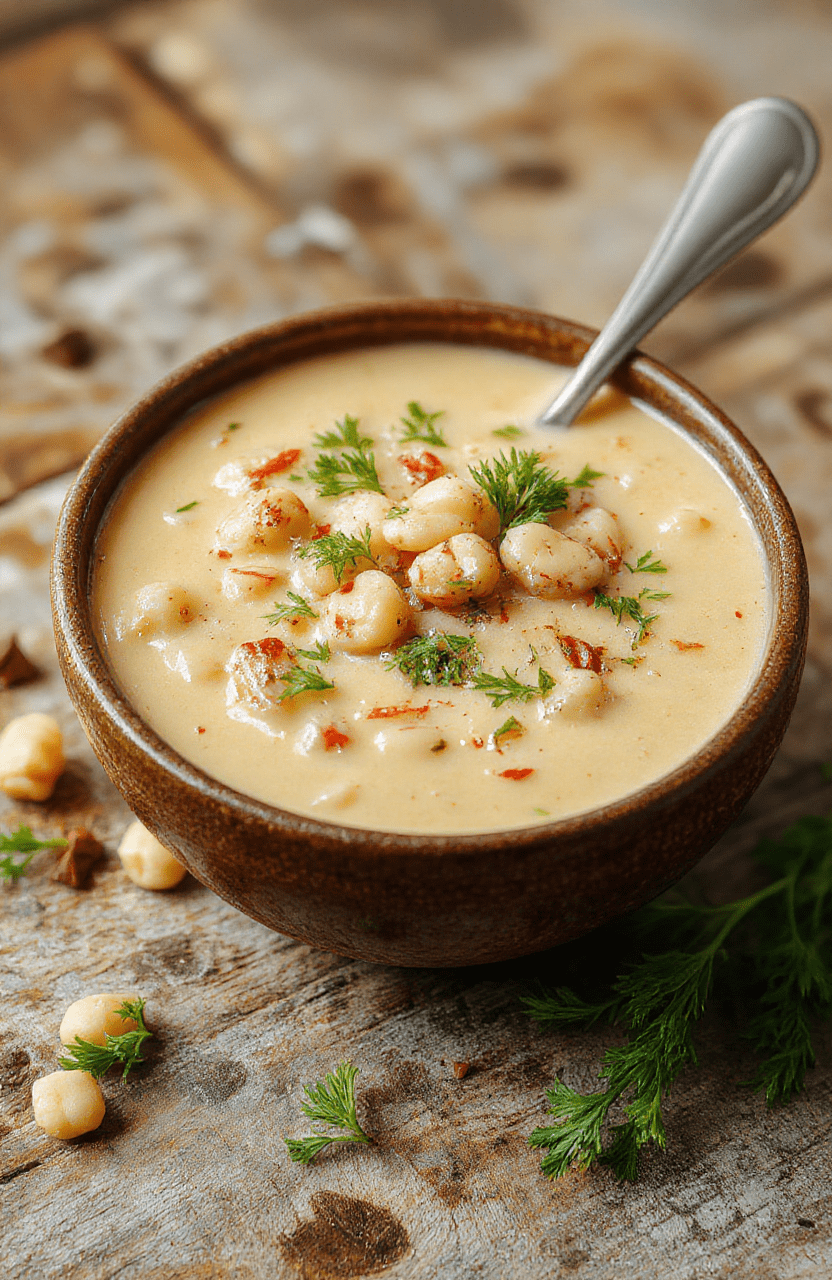A vibrant bowl of creamy white bean soup garnished with fresh herbs, served in a rustic white ceramic bowl. The soup has a smooth texture with visible chunks of beans and vegetables. The bowl is placed on a wooden surface with soft natural daylight highlighting the warm, inviting colors and textures, styled simply for an appetizing, cozy presentation.
