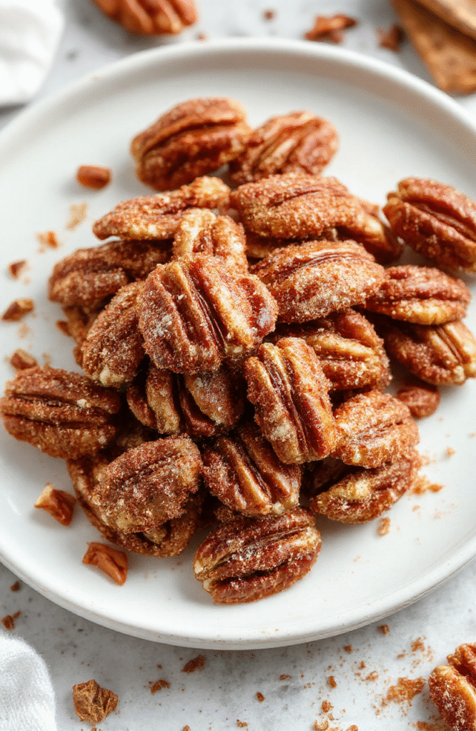 A close-up shot of golden, caramelized pecans coated in cinnamon sugar, arranged on a rustic white plate with a sprinkle of cinnamon on top, warm glow, and soft natural lighting highlighting the crunchy texture and glossy coating.