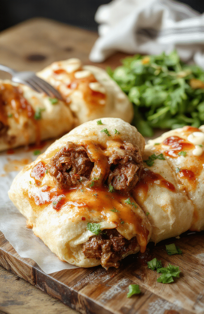 A close-up of several golden-brown keto Philly cheesesteak rolls arranged on a rustic wooden board, with melted cheese oozing out, garnished with fresh chopped herbs. The rolls are sliced open showing tender beef strips, peppers, and cheese filling. The background features a light-colored napkin and a side of leafy greens, styled simply to emphasize the appetizing, cheesy texture and vibrant colors of the ingredients.