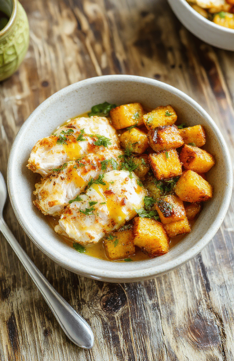 Colorful sheet pan dinner featuring golden roasted sweet potatoes, vibrant green vegetables, and perfectly glazed maple Dijon chicken breasts plated invitingly on a rustic wooden surface.