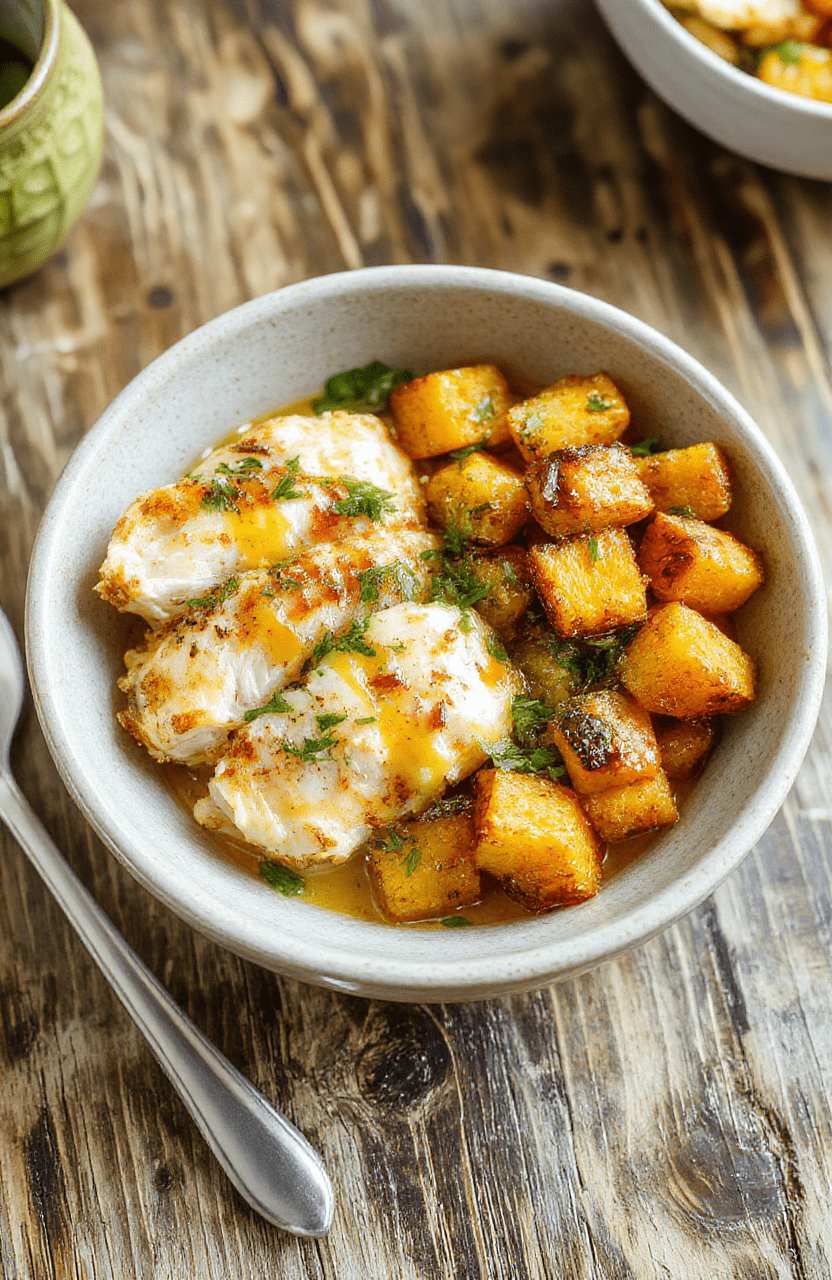 Colorful sheet pan dinner featuring golden roasted sweet potatoes, vibrant green vegetables, and perfectly glazed maple Dijon chicken breasts plated invitingly on a rustic wooden surface.