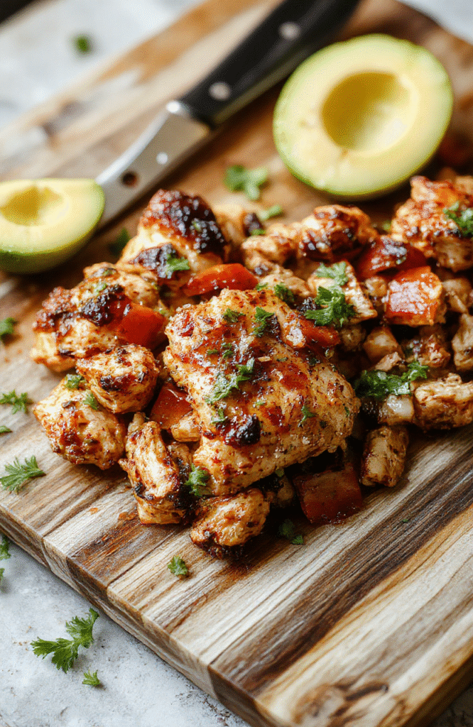 Colorful chicken fajitas on a rustic wooden plate featuring vibrant red and green bell peppers, tender grilled chicken strips, and melted cheese, garnished with fresh cilantro and lime wedges, styled simply for a casual, appetizing presentation.