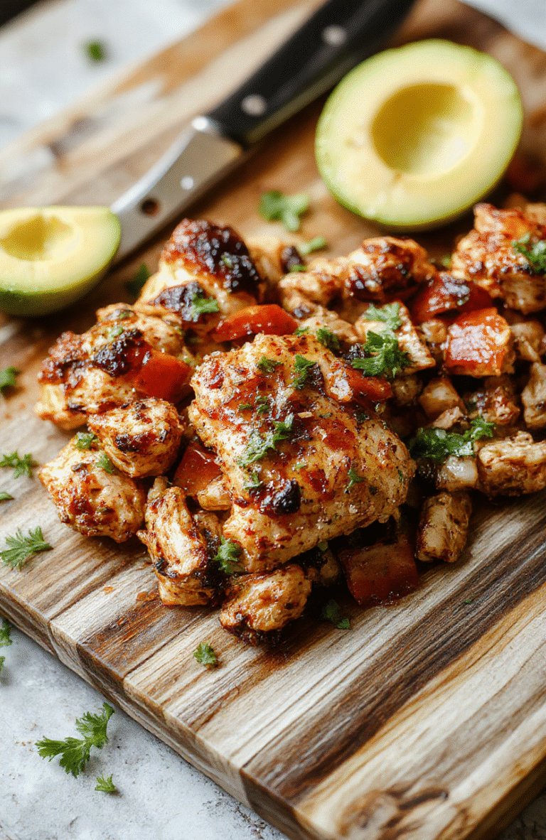 Colorful chicken fajitas on a rustic wooden plate featuring vibrant red and green bell peppers, tender grilled chicken strips, and melted cheese, garnished with fresh cilantro and lime wedges, styled simply for a casual, appetizing presentation.