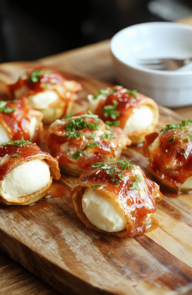 Golden-brown prosciutto-wrapped mozzarella bites, served on a rustic wooden platter with fresh basil leaves and cherry tomatoes, showcasing crispy edges and gooey cheese, styled with a minimalist background for a tempting presentation.