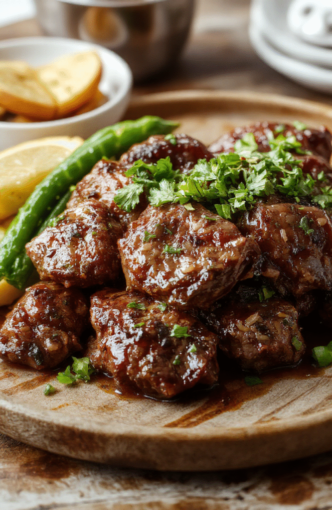 A vibrant bowl of pepper steak cooked in a slow cooker, featuring tender beef slices, colorful bell peppers, and onions, garnished with fresh herbs. The dish is served on a rustic wooden table with a glossy sauce glaze, accented by a side of rice or noodles, and styled with natural lighting highlighting the textures and vivid colors.