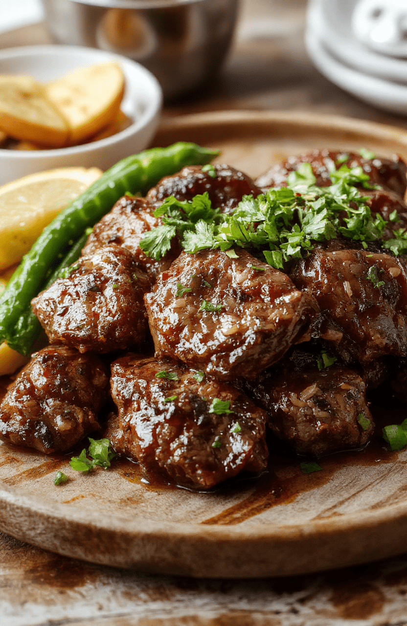 A vibrant bowl of pepper steak cooked in a slow cooker, featuring tender beef slices, colorful bell peppers, and onions, garnished with fresh herbs. The dish is served on a rustic wooden table with a glossy sauce glaze, accented by a side of rice or noodles, and styled with natural lighting highlighting the textures and vivid colors.