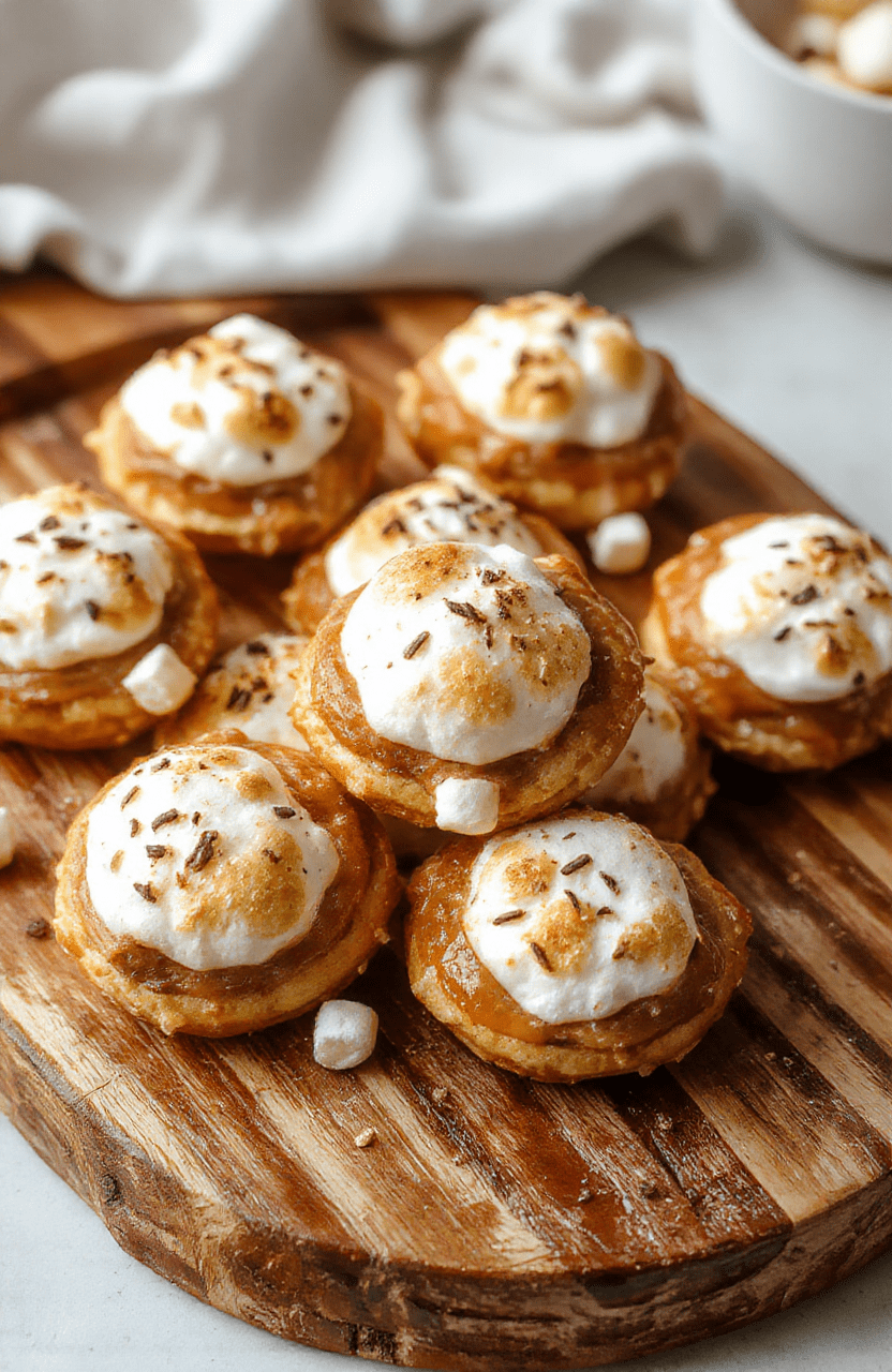 A vibrant plate of golden-brown pretzel bites topped with melty chocolate and marshmallow, arranged on a rustic wooden platter with scattered pretzels and chocolate chunks, styled casually with a cozy, inviting atmosphere.