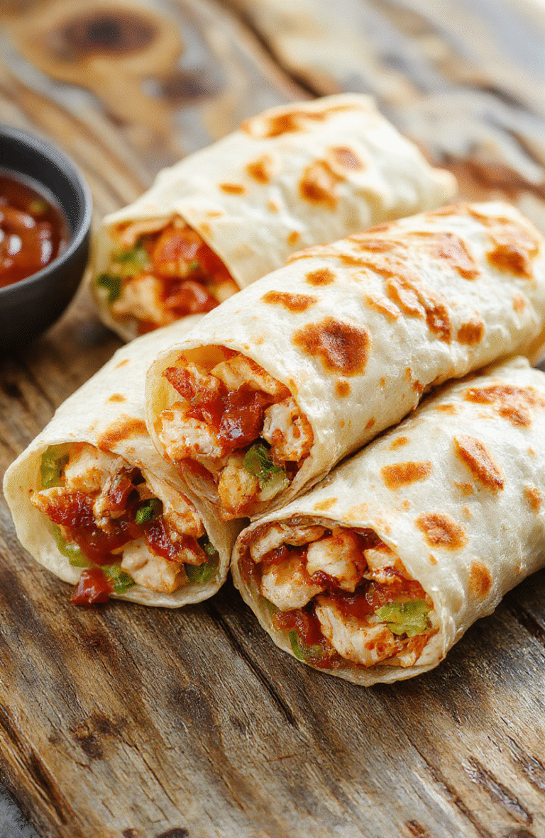 A vibrant plate of sweet chili chicken wraps featuring golden-brown grilled chicken pieces wrapped in soft tortillas, topped with fresh cilantro, julienned vegetables, and a drizzle of glossy sweet chili sauce. The wraps are arranged on a rustic wooden board with colorful ingredients surrounding, showcasing textures from crispy chicken to smooth sauces and crisp vegetables, styled casually for an inviting look.