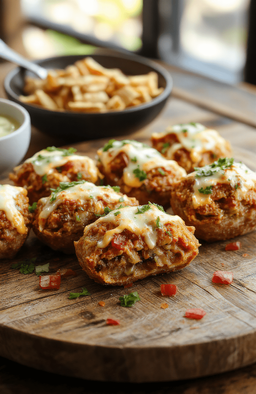 Colorful taco ranch bites arranged on a white platter, topped with shredded cheese, fresh cilantro, and sliced jalapenos. The bites are golden-brown and crispy, with a creamy ranch drizzle. The background features a rustic wooden table with colorful napkins and salsa bowls, styled in a casual and inviting manner.