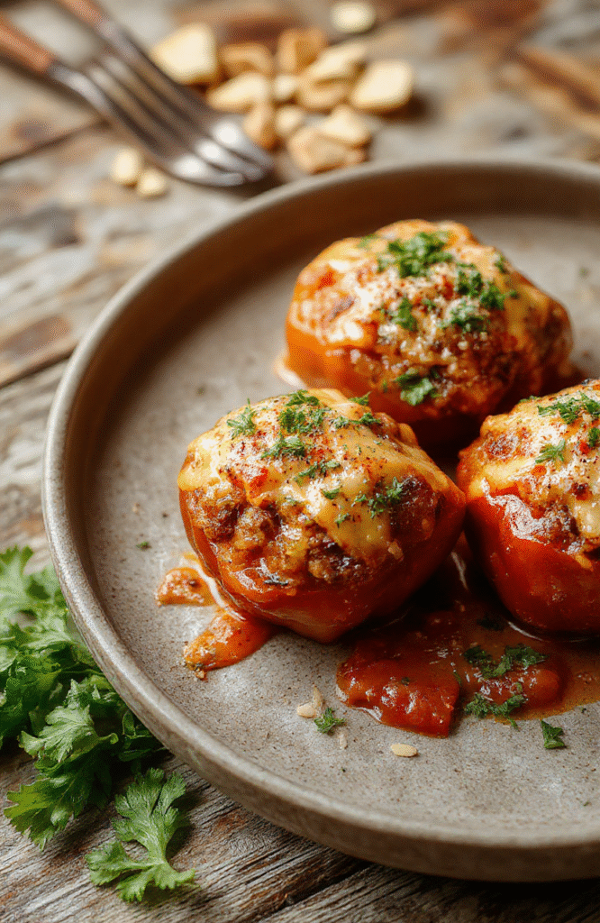 Colorful stuffed bell peppers filled with seasoned ground beef, melted cheese, and fresh toppings, arranged on a rustic wooden platter with vibrant peppers and a drizzle of sauce