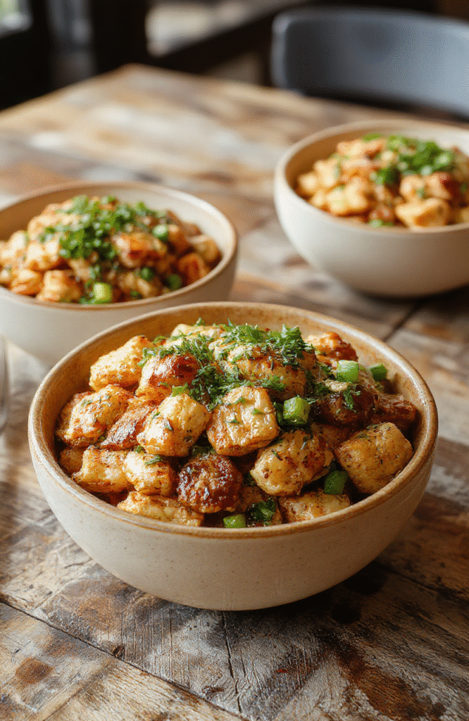 A vibrant bowl featuring crispy chicken pieces coated in a spicy creamy sauce, topped with fresh scallions and sesame seeds, arranged in a colorful bowl on a rustic wooden table with fresh ingredients around.