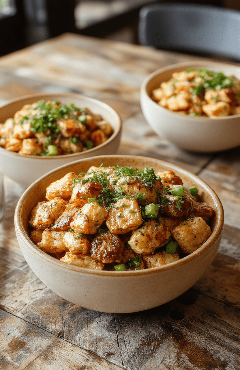 A vibrant bowl featuring crispy chicken pieces coated in a spicy creamy sauce, topped with fresh scallions and sesame seeds, arranged in a colorful bowl on a rustic wooden table with fresh ingredients around.
