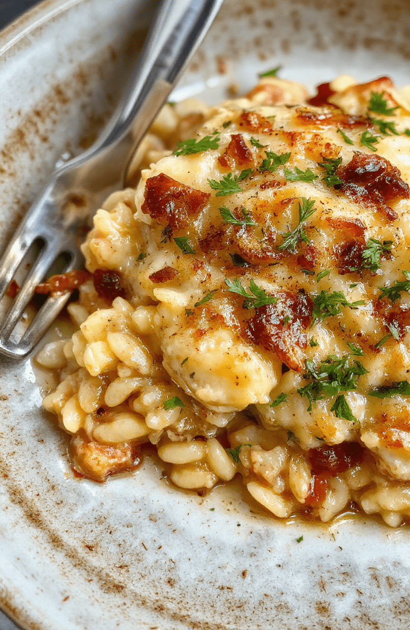 A warm, cheesy casserole featuring tender pieces of chicken, caramelized golden onions, melted gooey cheese, and al dente orzo arranged beautifully on a rustic white plate, garnished with fresh thyme, steam rising gently, styled with a cozy background in natural daylight.