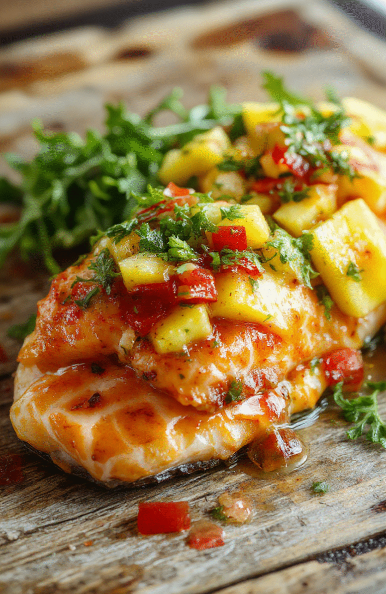 Vibrant orange mango salsa atop perfectly cooked pink salmon fillet, garnished with fresh herbs on a white plate. The dish is styled simply with a rustic wooden background, highlighting the colorful salsa's juicy chunks and smooth fish texture. Natural daylight enhances the bright colors, making the dish look fresh, appetizing, and ideal for a healthy dinner.