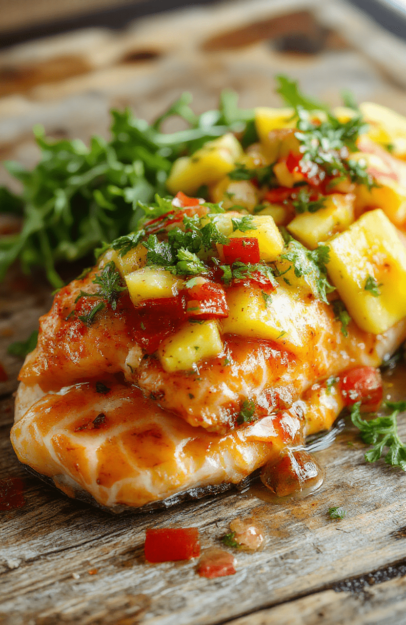 Vibrant orange mango salsa atop perfectly cooked pink salmon fillet, garnished with fresh herbs on a white plate. The dish is styled simply with a rustic wooden background, highlighting the colorful salsa's juicy chunks and smooth fish texture. Natural daylight enhances the bright colors, making the dish look fresh, appetizing, and ideal for a healthy dinner.