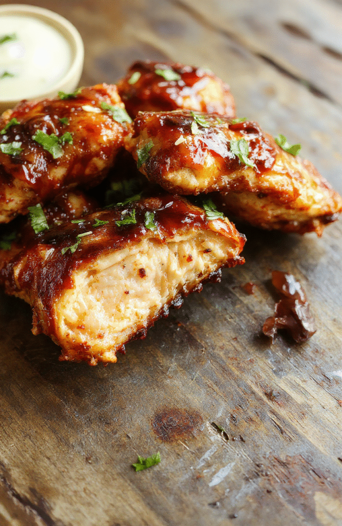 Colorful glazed teriyaki chicken pieces cooked to golden perfection in an air fryer, garnished with sesame seeds and chopped green onions, served on a stylish white plate with a glossy sauce coating, vibrant colors and crispy textures highlight the dish's appeal.