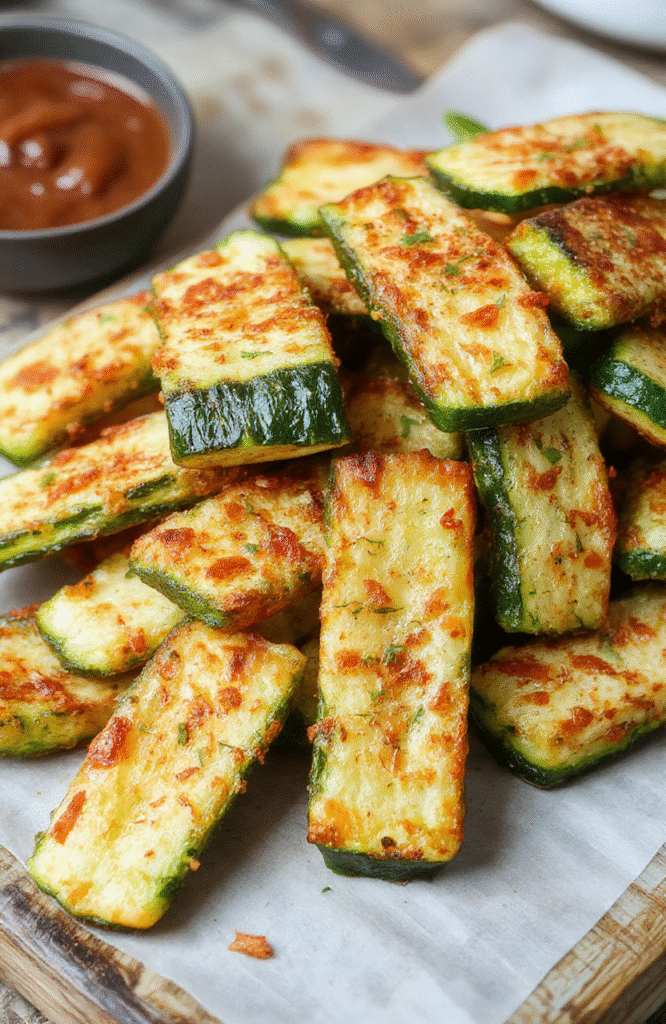 A vibrant plate of crispy golden zucchini fries arranged neatly on a white ceramic dish. The zucchini sticks are coated with a light, crunchy breadcrumb mixture, with visible specks of herbs and spices. The background features a rustic wooden surface, with a small bowl of dipping sauce and fresh herbs adding a splash of green. The lighting highlights the crisp texture and fresh ingredients, making the dish look appetizing and healthy.